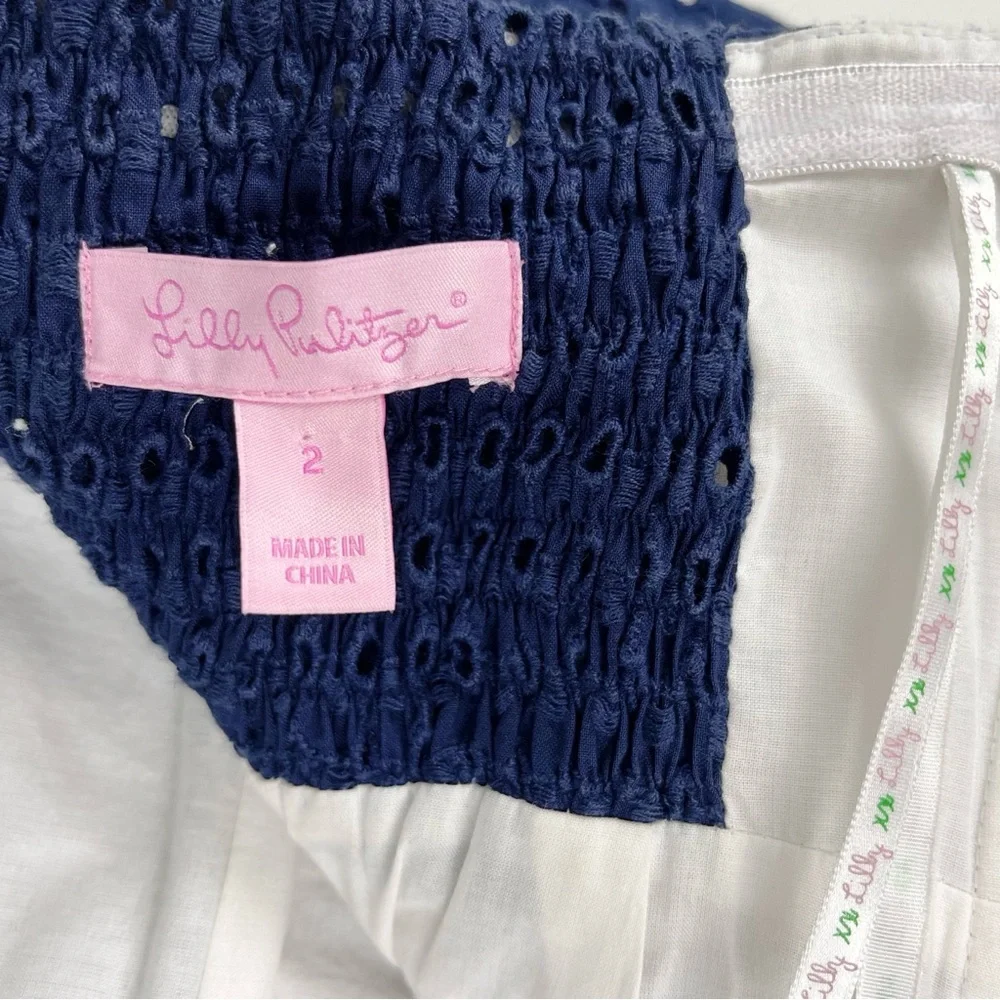 Lilly Pulitzer Navy Blue Polka Dot Bowen Lace Dress 100% Cotton Size 2 - Picture 7 of 13